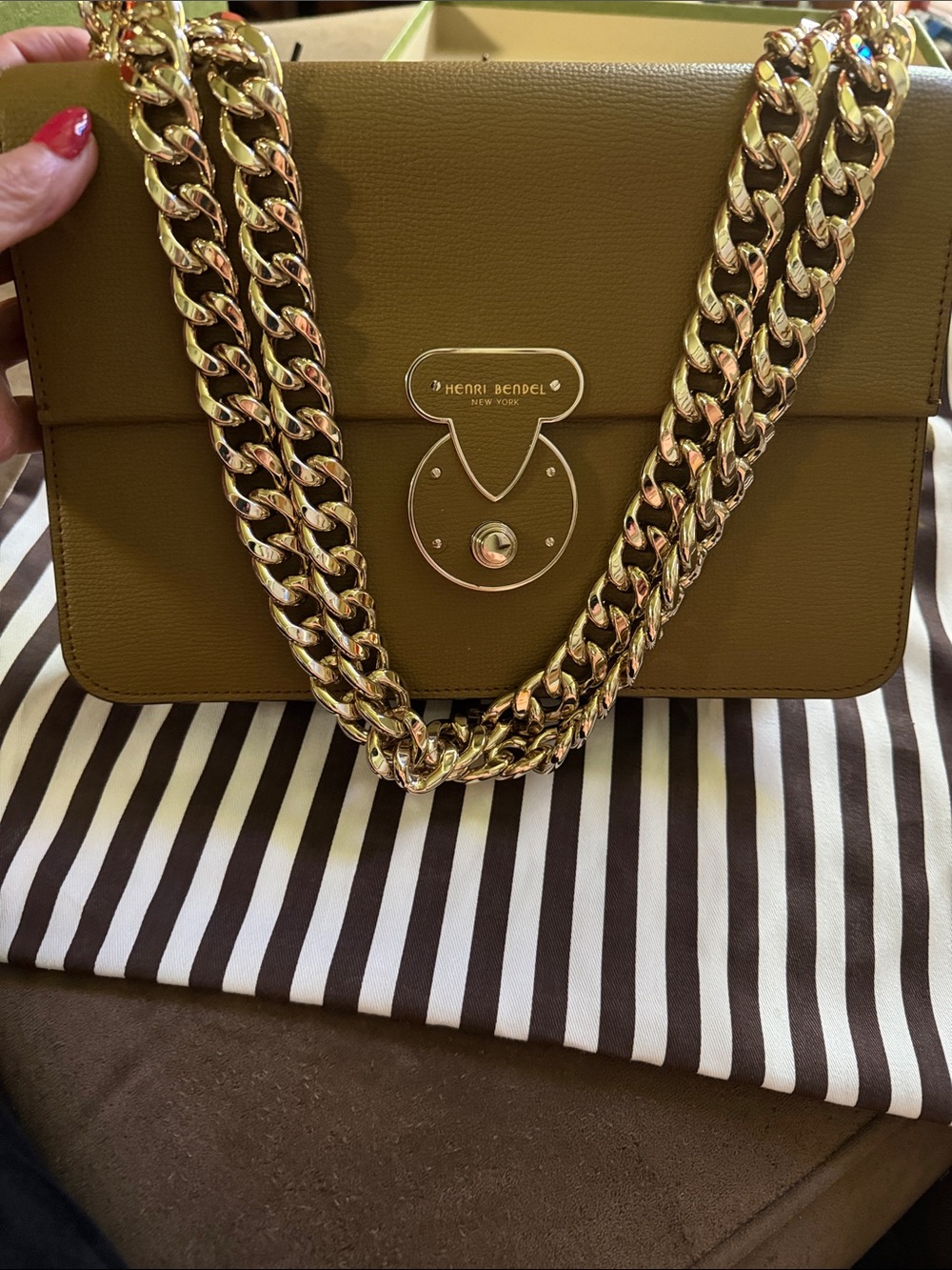 Henri Bendel Olive Green crossbody with gold chain New Without Tags